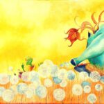 Handgeschilderd kinderschilderij met een elfje en een krekel in een geel veld vol paardenbloempluisjes en een omgekeerde theepotwoning.