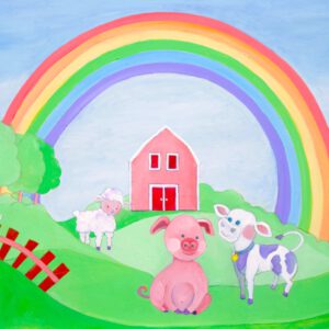 Handgeschilderd schilderij met een varkentje, schaap, koe met paarse vlekjes, kip, rode omheining, boerderij en regenboog voor de kinderkamer.