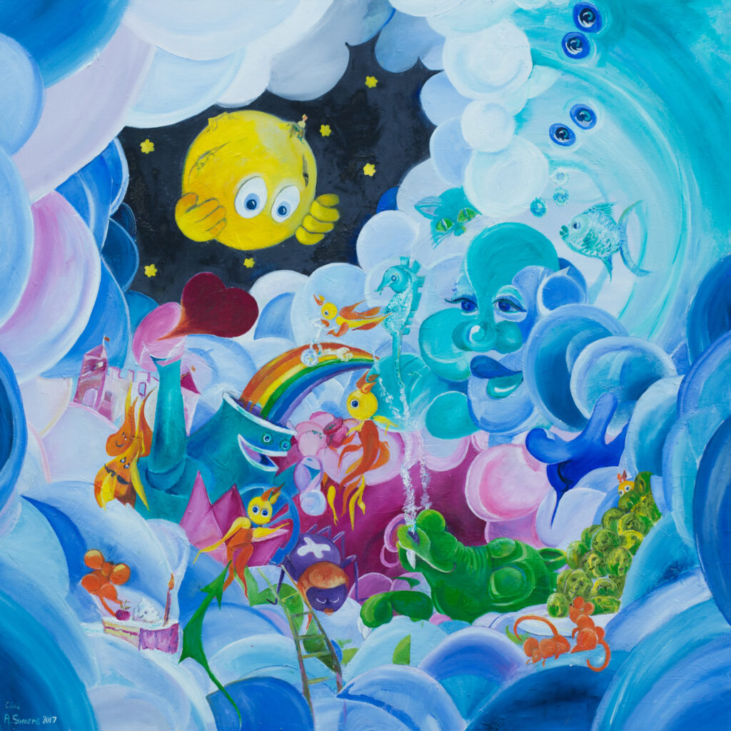 Handgeschilderd kinderschilderij met maanmannetjes tussen wolken, golven, een slapend krokodilletje en een grote maan uit het verhaal Daar Wonen 1000